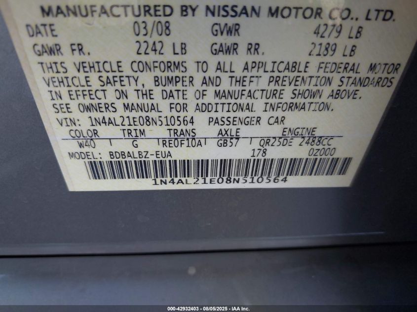 2008 Nissan Altima 2.5 S VIN: 1N4AL21E08N510564 Lot: 42932403