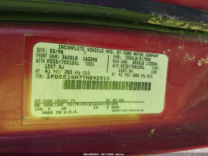 1996 Ford Econoline E150 Van VIN: 1FDEE14H7THB45910 Lot: 42932431