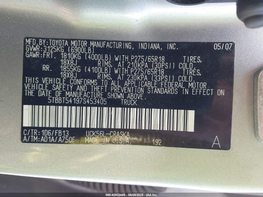 2007 Toyota Tundra Sr5 4.7L V8 VIN: 5TBBT54197S453405 Lot: 42932445