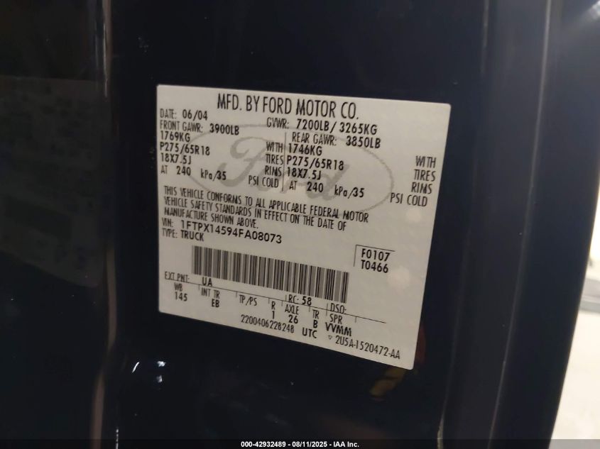 2004 Ford F-150 Fx4/Lariat/Xl/Xlt VIN: 1FTPX14594FA08073 Lot: 42932489