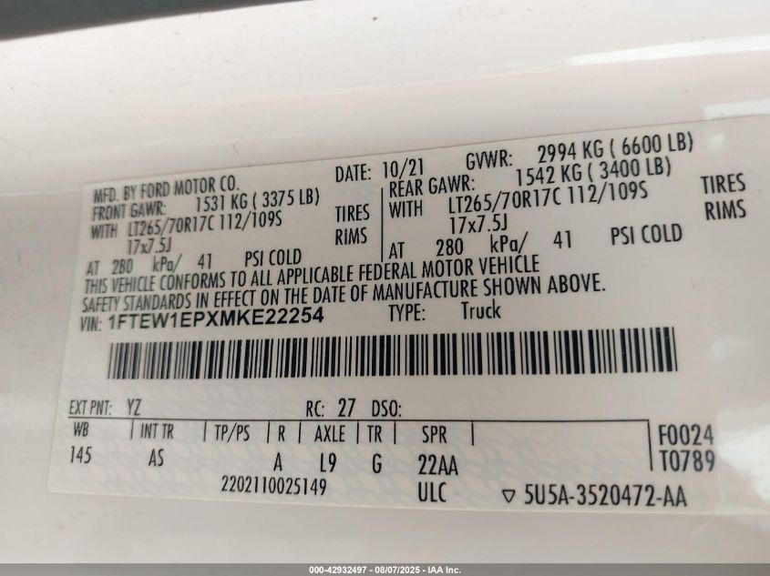 2021 Ford F-150 Xl VIN: 1FTEW1EPXMKE22254 Lot: 42932497