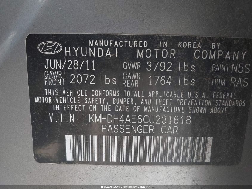 2012 Hyundai Elantra Gls (Ulsan Plant) VIN: KMHDH4AE6CU231618 Lot: 42932512