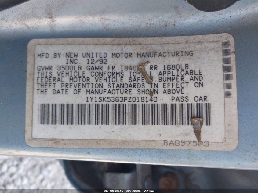 1993 Geo Prizm Lsi VIN: 1Y1SK5363PZ018140 Lot: 42932545