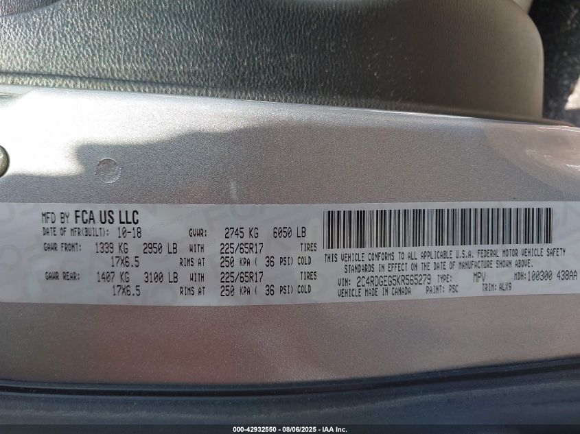 2019 Dodge Grand Caravan Gt VIN: 2C4RDGEG5KR565279 Lot: 42932550