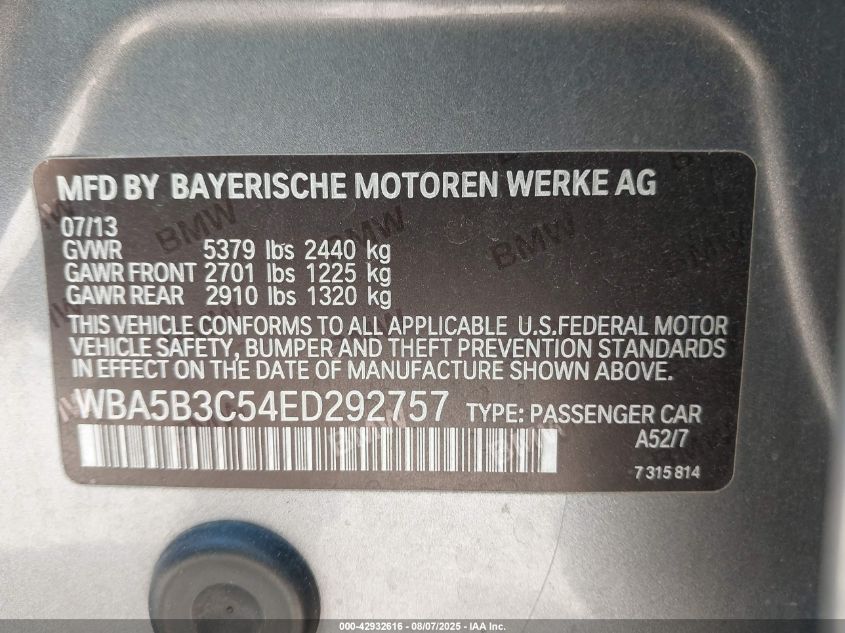 2014 BMW 535I xDrive VIN: WBA5B3C54ED292757 Lot: 42932616