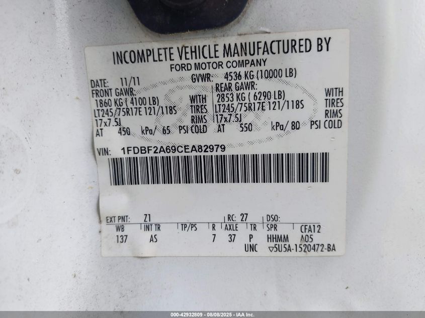 2012 Ford F-250 Xl VIN: 1FDBF2A69CEA82979 Lot: 42932809