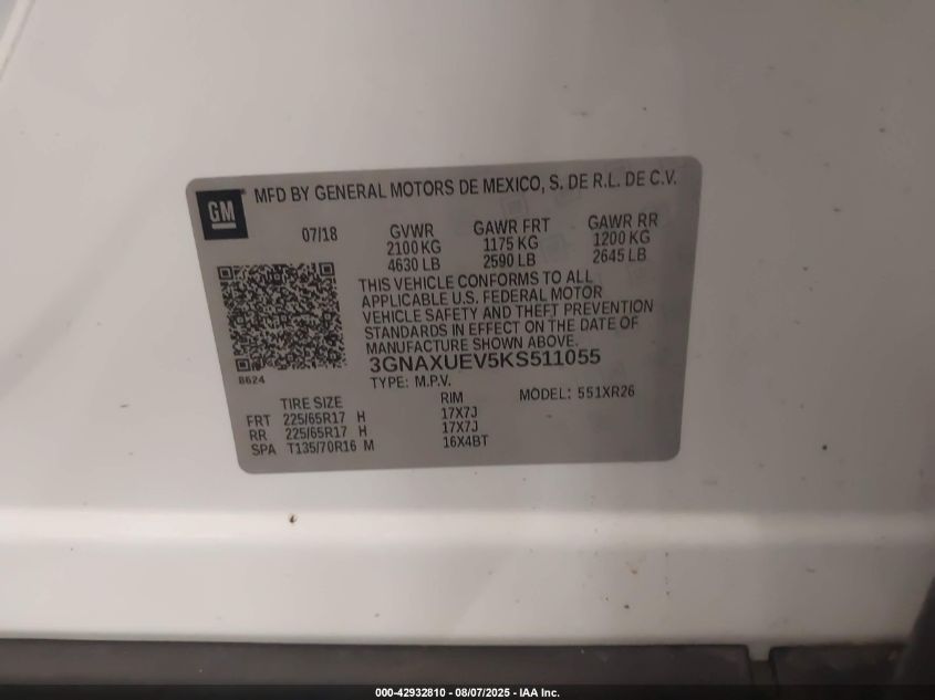 2019 Chevrolet Equinox Lt VIN: 3GNAXUEV5KS511055 Lot: 42932810