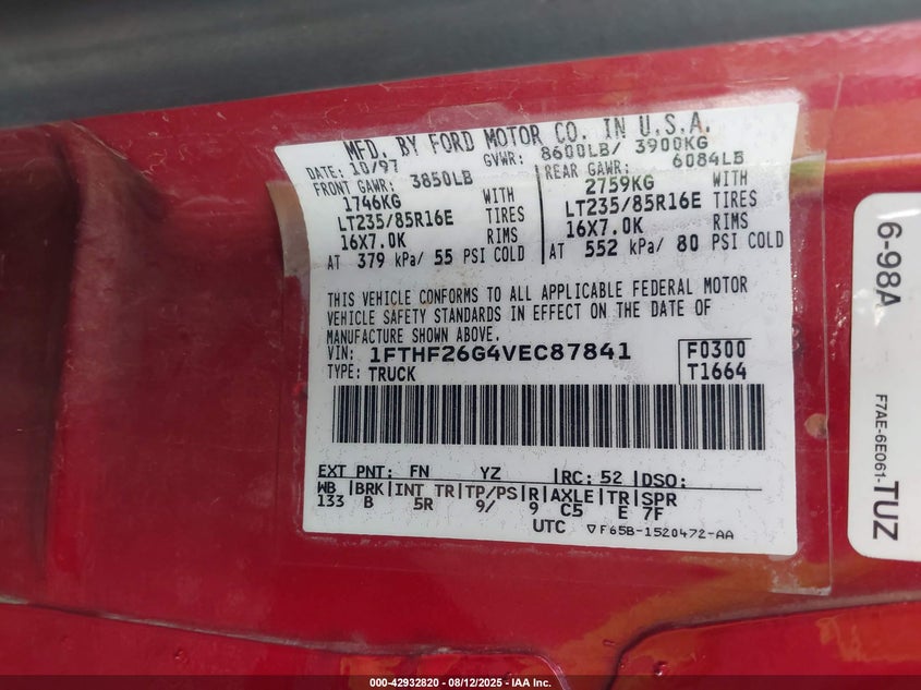 1997 Ford F-250 Xl VIN: 1FTHF26G4VEC87841 Lot: 42932820