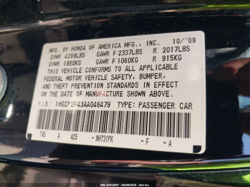 2010 Honda Accord 2.4 Lx-P VIN: 1HGCP2F43AA046479 Lot: 42932907