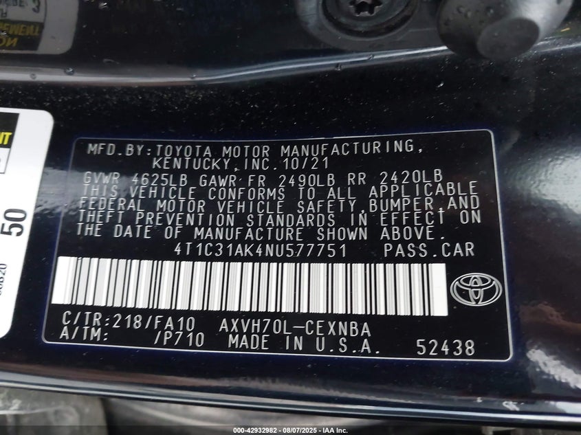 2022 Toyota Camry Le Hybrid VIN: 4T1C31AK4NU577751 Lot: 42932982