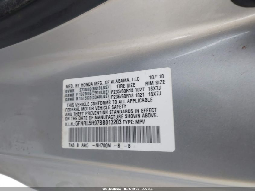 2011 Honda Odyssey Touring/Touring Elite VIN: 5FNRL5H97BB013203 Lot: 42933059