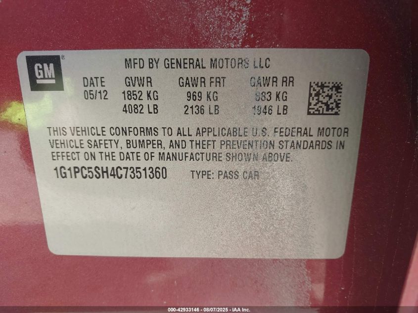 2012 Chevrolet Cruze Ls VIN: 1G1PC5SH4C7351360 Lot: 42933146