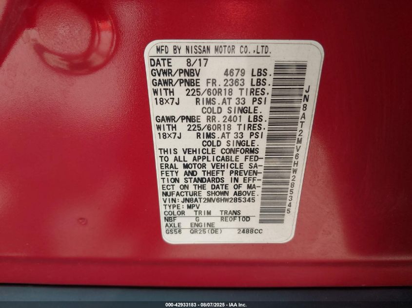 2017 Nissan Rogue Sl VIN: JN8AT2MV6HW285345 Lot: 42933183