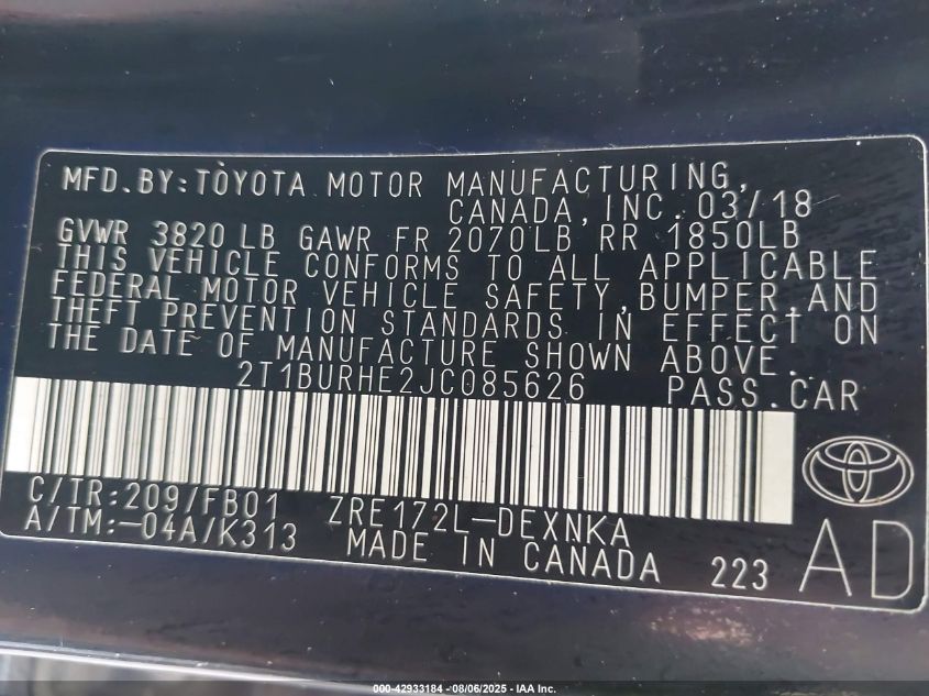 2018 Toyota Corolla Le VIN: 2T1BURHE2JC085626 Lot: 42933184