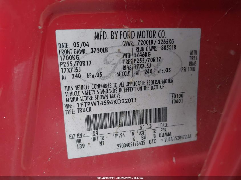 2004 Ford F-150 Fx4/Lariat/Xlt VIN: 1FTPW14594KD22011 Lot: 42933211