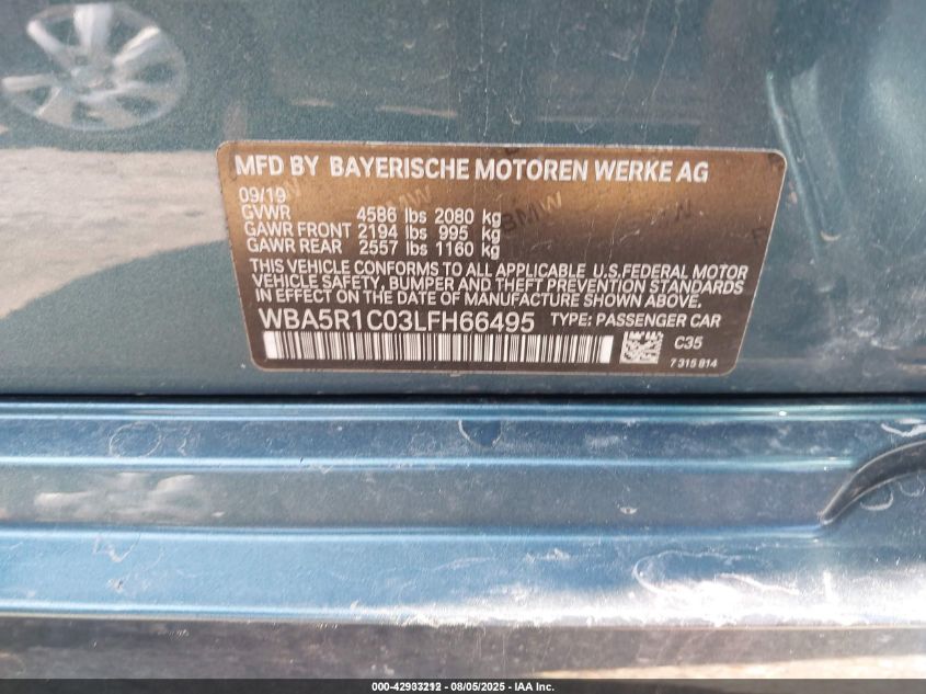 2020 BMW 330I VIN: WBA5R1C03LFH66495 Lot: 42933212