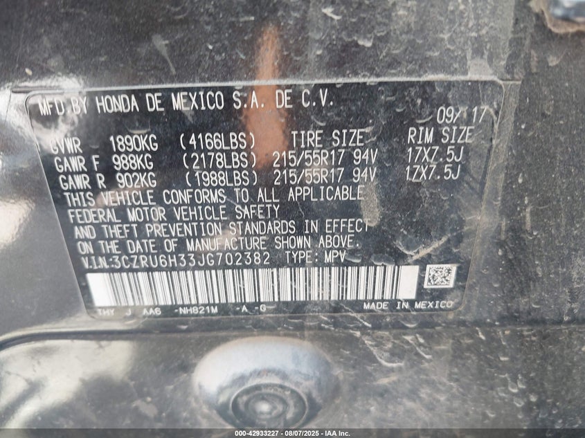 2018 HONDA HR-V LX 3CZRU6H33JG702382