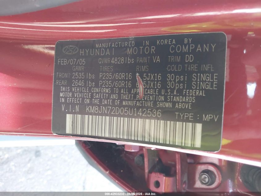 2005 Hyundai Tucson Gls/Lx VIN: KM8JN72D05U142536 Lot: 42933233