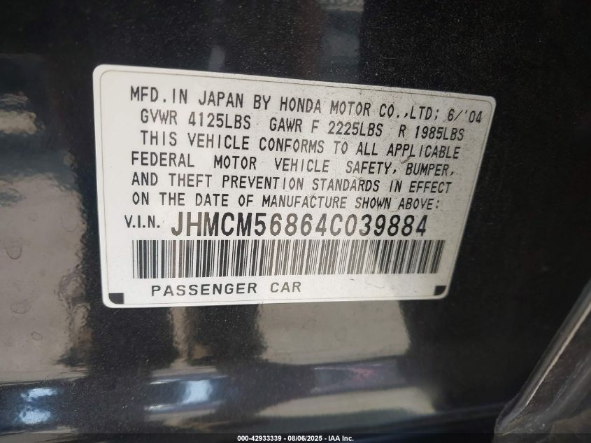 2004 Honda Accord 2.4 Ex VIN: JHMCM56864C039884 Lot: 42933339