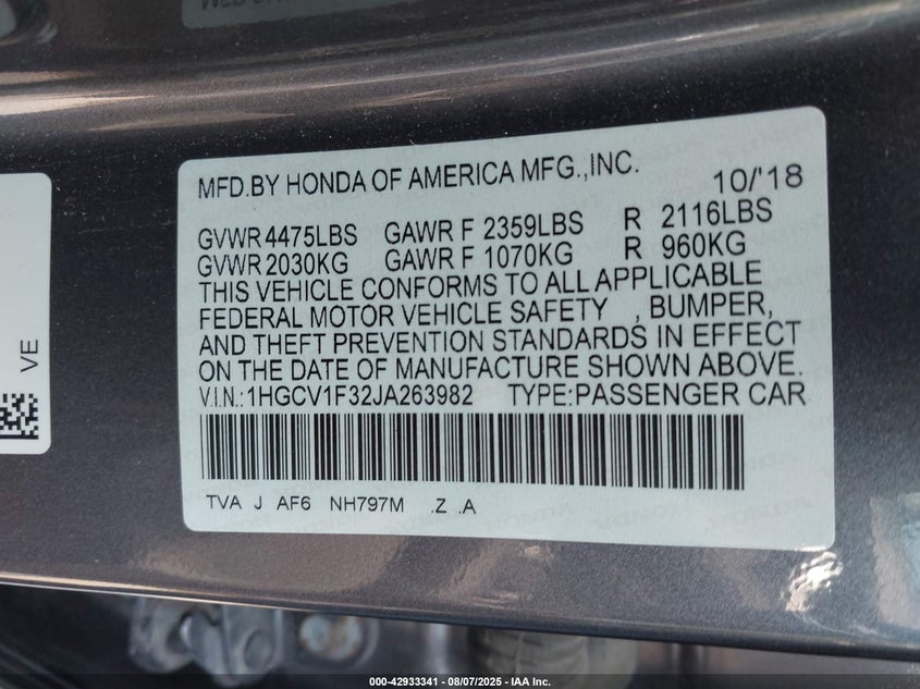 1HGCV1F32JA263982 2018 HONDA ACCORD photo no. 9