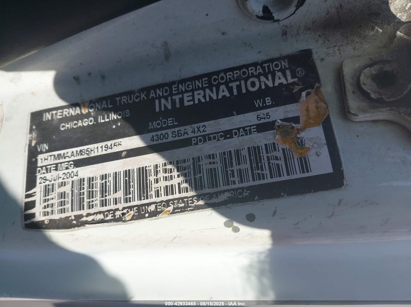 2005 International 4000 4300 VIN: 1HTMMAAM85H119455 Lot: 42933465