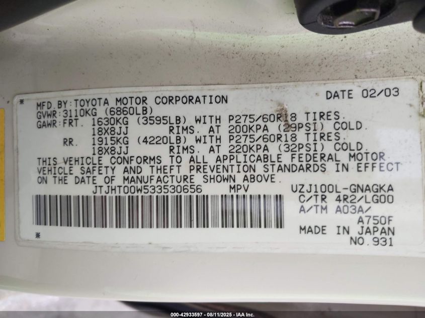 2003 Lexus Lx 470 VIN: JTJHT00W533530656 Lot: 42933597