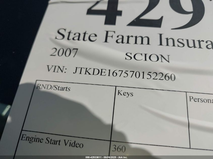 2007 Scion Tc VIN: JTKDE167570152260 Lot: 42933611