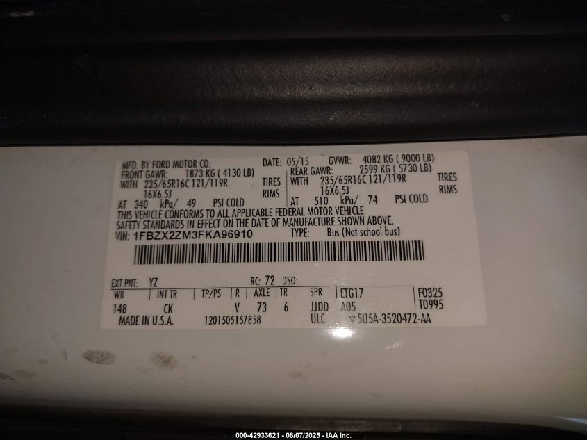 2015 Ford Transit-350 Xlt VIN: 1FBZX2ZM3FKA96910 Lot: 42933621