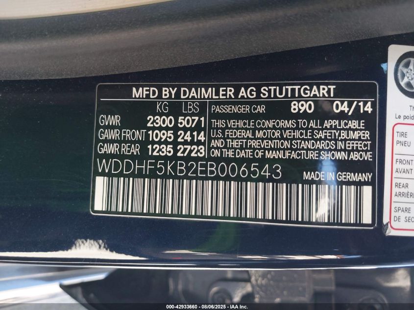 2014 Mercedes-Benz E 350 VIN: WDDHF5KB2EB006543 Lot: 42933660