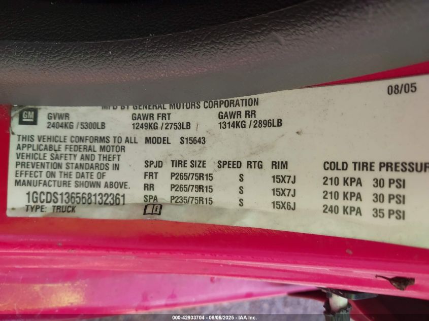 2006 Chevrolet Colorado Lt VIN: 1GCDS136568132361 Lot: 42933704