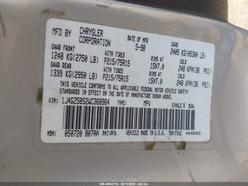 1J4GZ58S2WC368964 1998 JEEP GRAND CHEROKEE photo no. 9