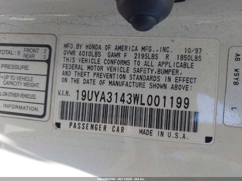 1998 Acura Cl 2.3 VIN: 19UYA3143WL001199 Lot: 42933760