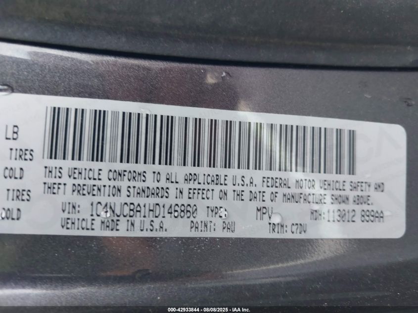 2017 Jeep Compass Sport Fwd VIN: 1C4NJCBA1HD146860 Lot: 42933844