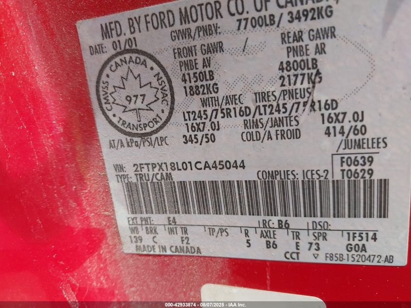 2001 Ford F-150 Lariat/Xl/Xlt VIN: 2FTPX18L01CA45044 Lot: 42933874