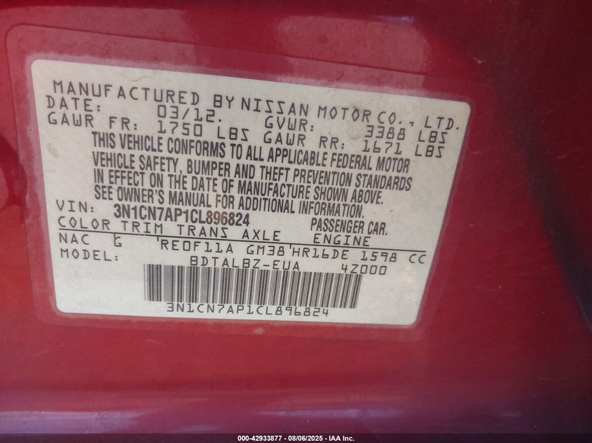 2012 Nissan Versa 1.6 Sv VIN: 3N1CN7AP1CL896824 Lot: 42933877