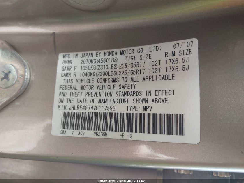 2007 Honda Cr-V Ex-L VIN: JHLRE48747C117593 Lot: 42933909