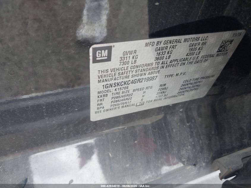 2016 Chevrolet Tahoe Ltz VIN: 1GNSKCKC4GR219987 Lot: 42934019