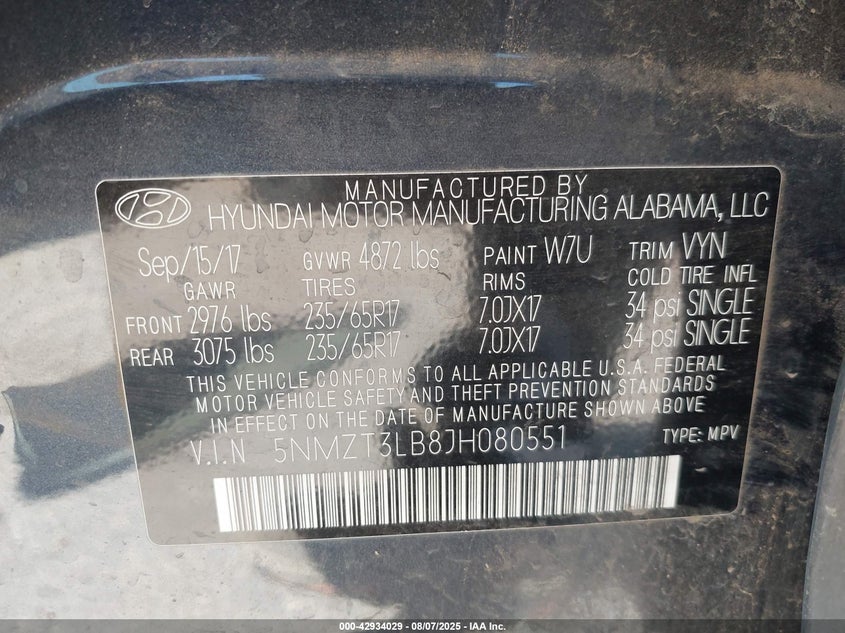 VIN 5NMZT3LB8JH080551 2018 HYUNDAI SANTA FE SPORT 2.4L