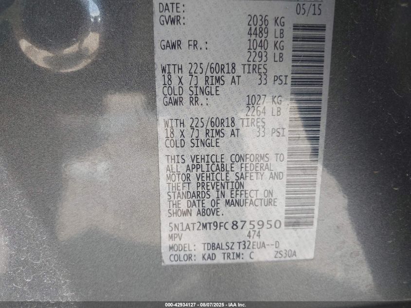 2015 Nissan Rogue Sl VIN: 5N1AT2MT9FC875950 Lot: 42934127