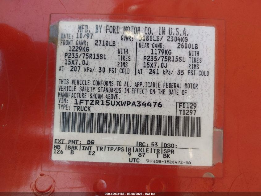 1998 Ford Ranger Splash/Xl/Xlt VIN: 1FTZR15UXWPA34476 Lot: 42934186