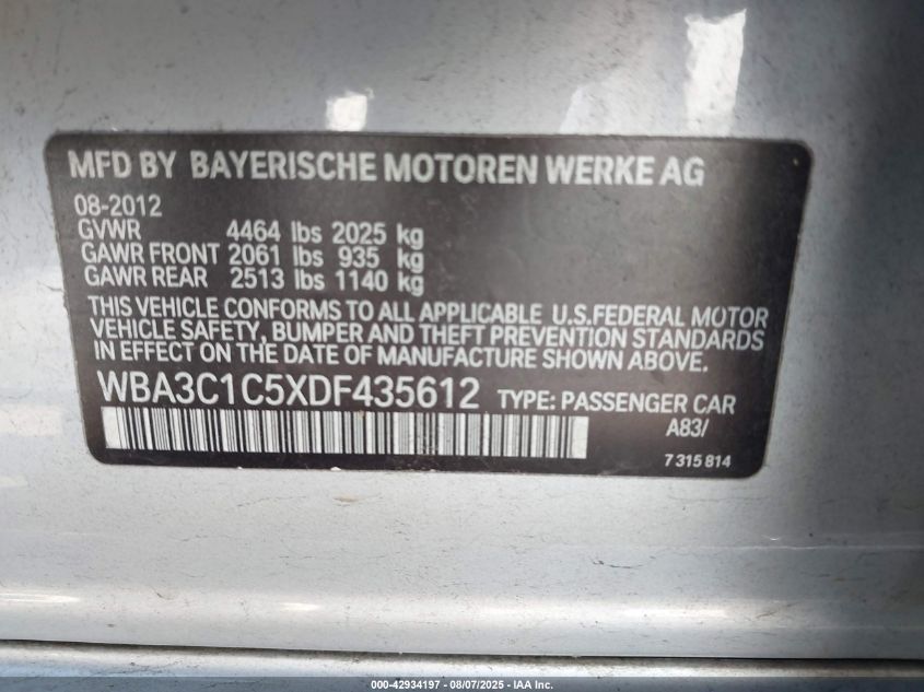 2013 BMW 328I VIN: WBA3C1C5XDF435612 Lot: 42934197