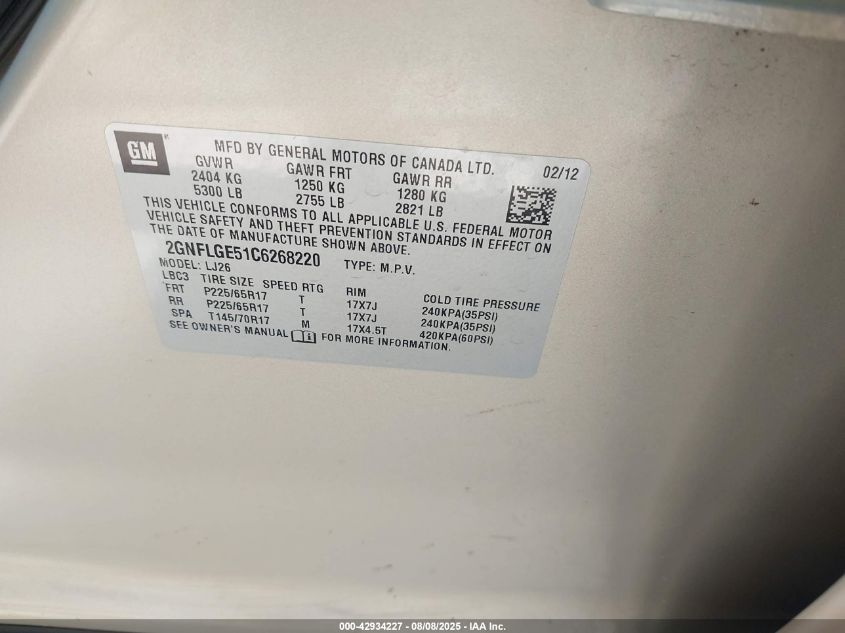 2012 Chevrolet Equinox Ltz VIN: 2GNFLGE51C6268220 Lot: 42934227