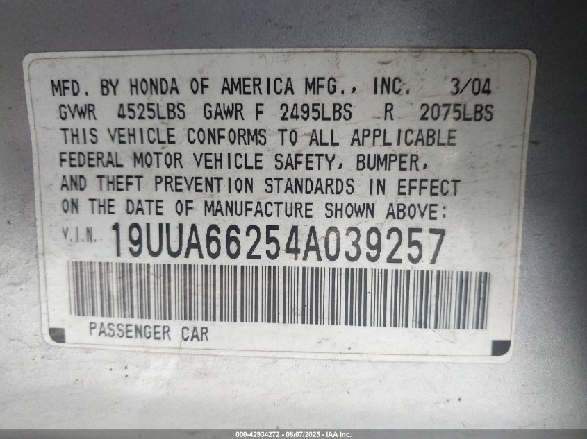 2004 Acura Tl VIN: 19UUA66254A039257 Lot: 42934272