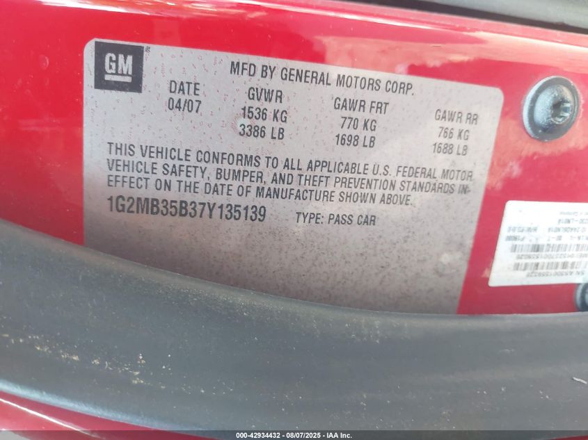 2007 Pontiac Solstice VIN: 1G2MB35B37Y135139 Lot: 42934432