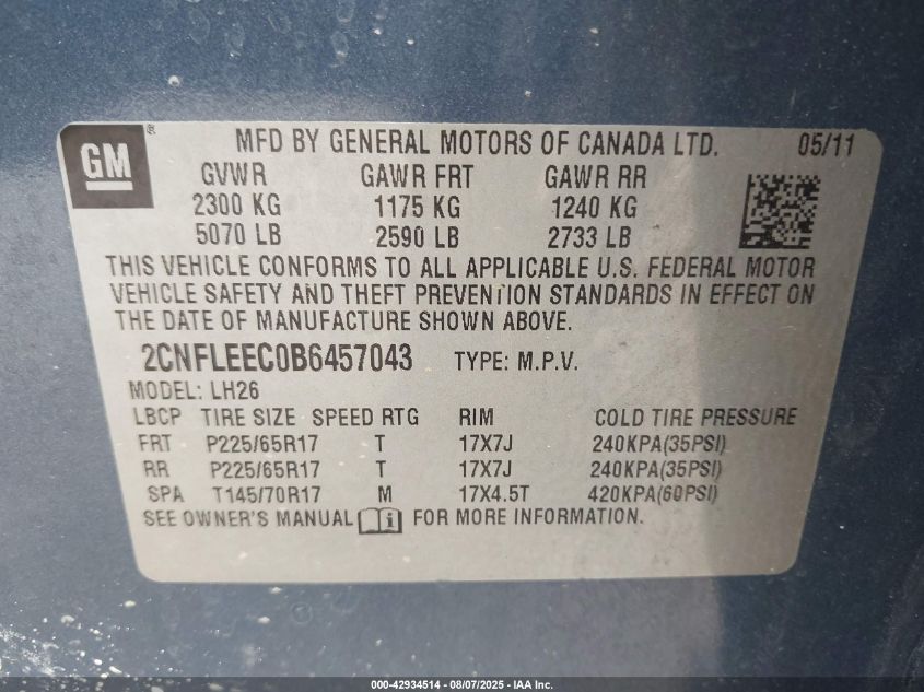 2011 Chevrolet Equinox 1Lt VIN: 2CNFLEEC0B6457043 Lot: 42934514