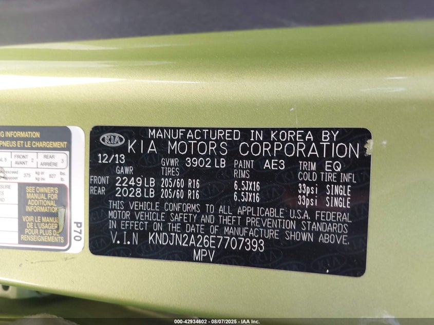 2014 KIA SOUL KNDJN2A26E7707393