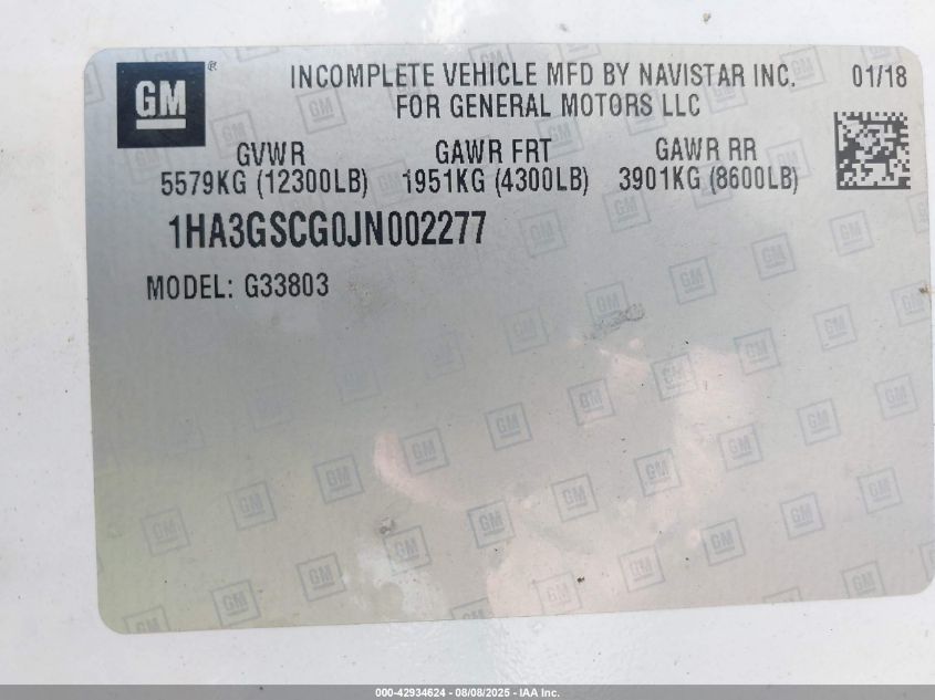 2018 Chevrolet Express Cutaway Work Van VIN: 1HA3GSCG0JN002277 Lot: 42934624