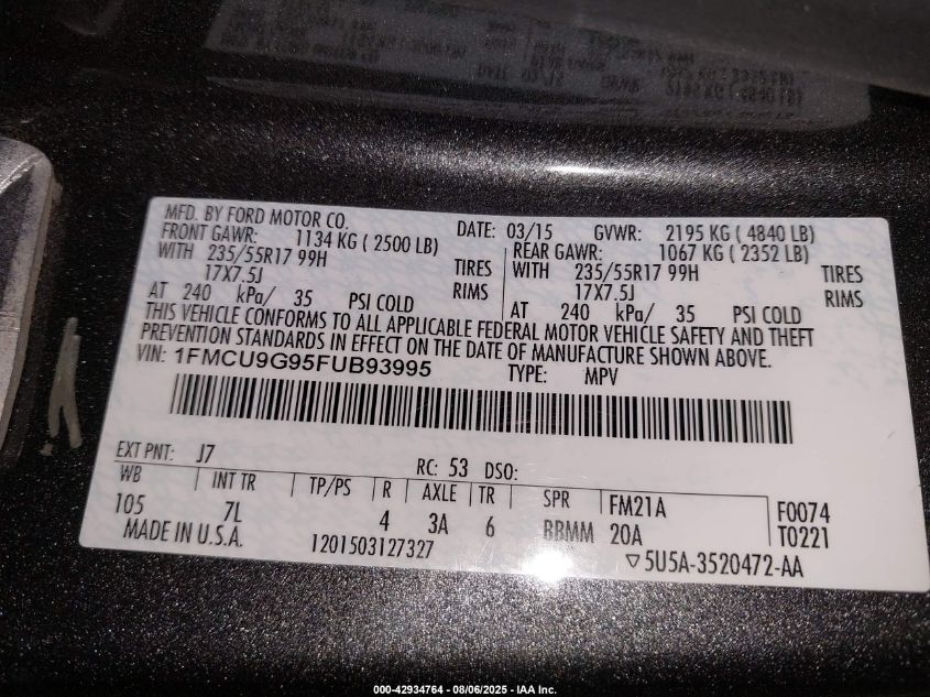 2015 Ford Escape Se VIN: 1FMCU9G95FUB93995 Lot: 42934764