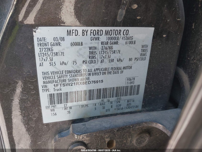 2008 Ford F-250 Fx4/Harley-Davidson/King Ranch/Lariat/Xl/Xlt VIN: 1FTSW21RX8ED76915 Lot: 42934766