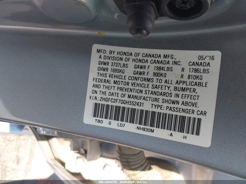 2016 Honda Civic Ex VIN: 2HGFC2F70GH552431 Lot: 42934792